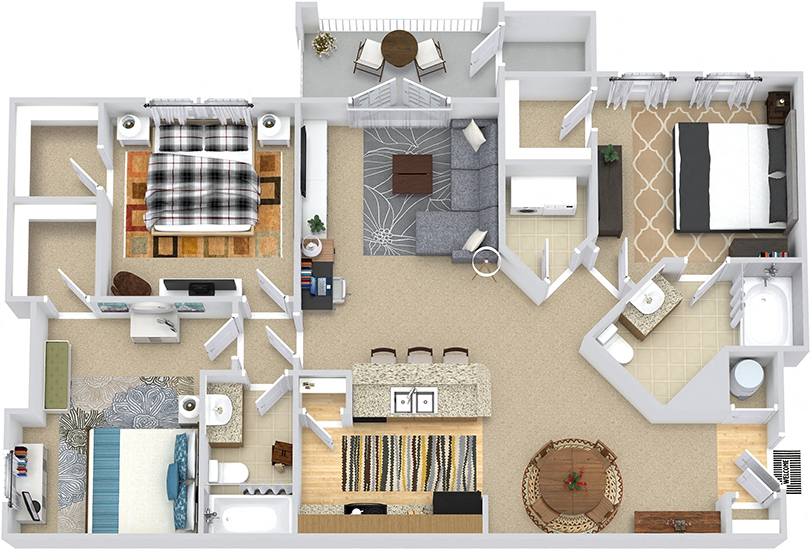 Floor plan for 3 beds, 2 baths, 1257 sqft